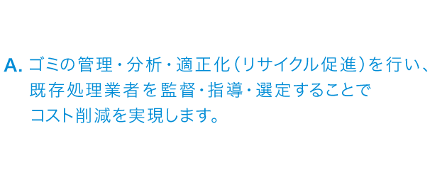 ゴミの管理・分析・適正化(リサイクル促進)をおこない、既存処理業者を監督・指導・選定することでコスト削減を実現します。